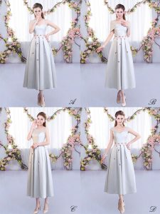 Chic Silver Empire Appliques Dama Dress for Quinceanera Lace Up Satin Sleeveless Tea Length
