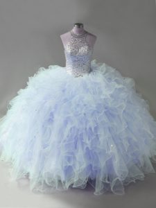 Lavender Tulle Lace Up Halter Top Sleeveless Floor Length Quinceanera Dresses Beading and Ruffles