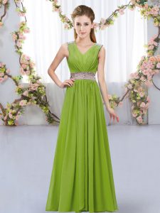 Artistic Olive Green Sleeveless Chiffon Lace Up Dama Dress for Wedding Party