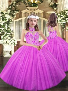 Customized Halter Top Sleeveless Lace Up Child Pageant Dress Lilac Tulle