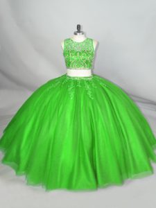 Enchanting Green Ball Gowns Scoop Sleeveless Tulle Floor Length Lace Up Beading and Appliques Quince Ball Gowns