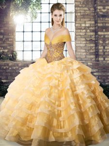 Enchanting Gold Sleeveless Organza Brush Train Lace Up Vestidos de Quinceanera for Military Ball and Sweet 16 and Quinceanera
