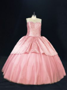 Sleeveless Tulle Floor Length Lace Up 15th Birthday Dress in Pink with Beading