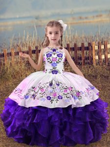Purple Lace Up Pageant Gowns For Girls Embroidery and Ruffles Sleeveless Floor Length
