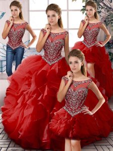 Latest Ball Gowns Quinceanera Gown Red Scoop Organza Sleeveless Floor Length Zipper