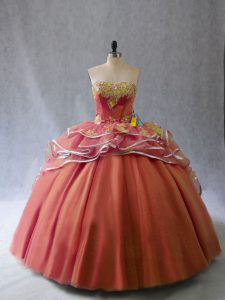 Rust Red Tulle Lace Up Sweet 16 Quinceanera Dress Sleeveless Brush Train Appliques and Ruffles