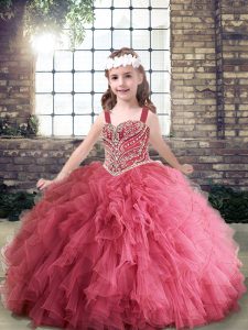 Tulle Straps Sleeveless Lace Up Beading and Ruffles Little Girls Pageant Dress Wholesale in Pink