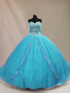 Aqua Blue Ball Gown Prom Dress Sweetheart Sleeveless Court Train Lace Up