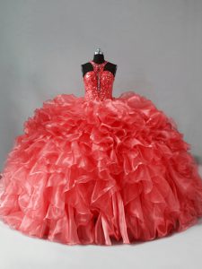 Coral Red Halter Top Zipper Beading and Ruffles Quinceanera Gowns Brush Train Sleeveless
