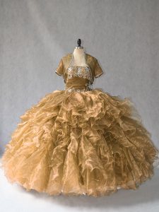 Fabulous Strapless Sleeveless Quinceanera Gowns Floor Length Beading and Ruffles Brown Organza