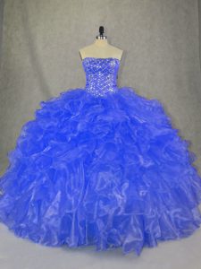 Blue Organza Lace Up Quinceanera Dresses Sleeveless Floor Length Beading and Ruffles