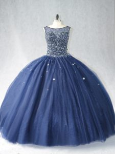 Best Selling Navy Blue Sleeveless Beading Zipper Quince Ball Gowns