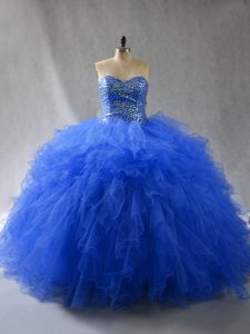 Royal Blue Tulle Lace Up 15 Quinceanera Dress Sleeveless Floor Length Beading and Ruffles