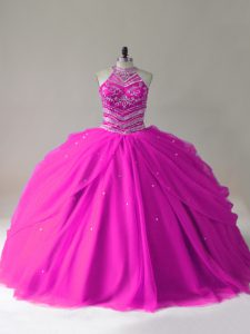 Fashionable Beading Sweet 16 Dress Fuchsia Lace Up Sleeveless