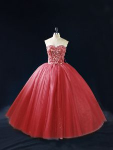 Custom Fit Ball Gowns 15 Quinceanera Dress Red Sweetheart Tulle Sleeveless Lace Up