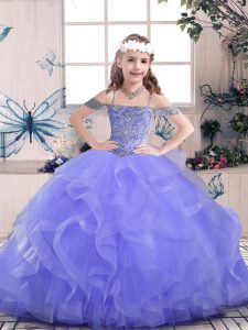 Lavender Ball Gowns Straps Sleeveless Tulle Floor Length Lace Up Beading and Ruffles Pageant Dress Wholesale
