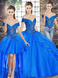 Beauteous Off The Shoulder Sleeveless Tulle Sweet 16 Quinceanera Dress Beading and Ruffles Lace Up