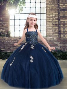 Graceful Straps Sleeveless Lace Up Kids Pageant Dress Navy Blue Tulle