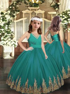 Perfect Embroidery Kids Formal Wear Turquoise Zipper Sleeveless Floor Length
