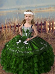 Olive Green Straps Lace Up Embroidery and Ruffled Layers Pageant Dress Wholesale Sleeveless