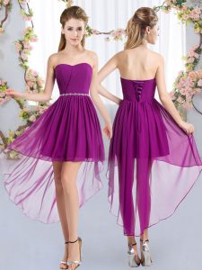 High Low Empire Sleeveless Purple Quinceanera Court of Honor Dress Lace Up