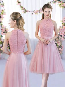 Pink Tulle Zipper High-neck Sleeveless Tea Length Damas Dress Lace