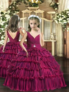 Fuchsia Backless V-neck Sleeveless Floor Length Child Pageant Dress Beading and Ruffled Layers