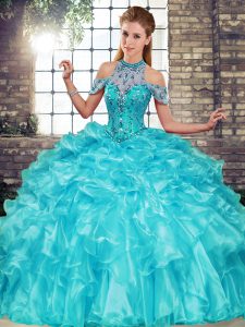 Aqua Blue 15 Quinceanera Dress Military Ball and Sweet 16 and Quinceanera with Beading and Ruffles Halter Top Sleeveless Lace Up