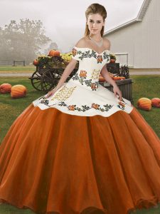 Adorable Off The Shoulder Sleeveless Lace Up Quinceanera Gown Rust Red Organza