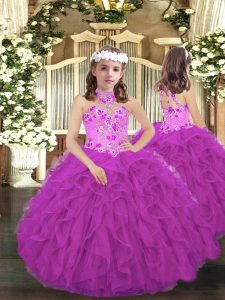 Custom Design Floor Length Purple Kids Pageant Dress Tulle Sleeveless Embroidery and Ruffles