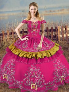 Fuchsia Ball Gowns Off The Shoulder Sleeveless Organza Floor Length Lace Up Embroidery Quince Ball Gowns