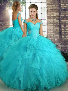 Aqua Blue Sleeveless Floor Length Beading and Ruffles Lace Up Quinceanera Gown