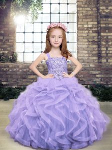 Fashion Ball Gowns Kids Formal Wear Lavender Straps Tulle Sleeveless Floor Length Lace Up