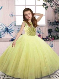Yellow Green Ball Gowns Beading Girls Pageant Dresses Lace Up Tulle Sleeveless Floor Length