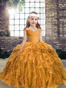 High Class Floor Length Lace Up Little Girls Pageant Gowns Gold for Party and Wedding Party with Beading and Ruffles