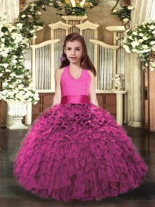 Latest Sleeveless Floor Length Ruffles Lace Up Custom Made Pageant Dress with Hot Pink