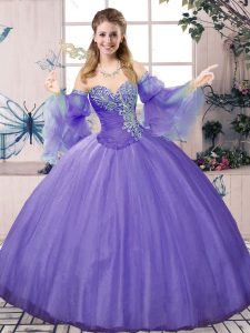 High Quality Sleeveless Tulle Floor Length Lace Up 15th Birthday Dress in Lavender with Beading