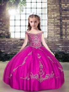 Perfect Floor Length Fuchsia Custom Made Pageant Dress Tulle Sleeveless Beading and Appliques