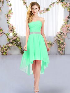 Custom Made Green Empire Belt Court Dresses for Sweet 16 Lace Up Chiffon Sleeveless High Low
