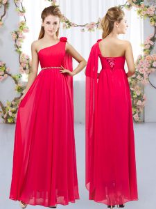 Stunning Sleeveless Chiffon Floor Length Lace Up Quinceanera Dama Dress in Red with Beading and Hand Made Flower