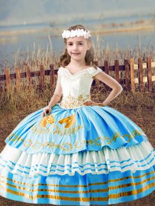 Floor Length Baby Blue Little Girl Pageant Dress Satin Sleeveless Embroidery