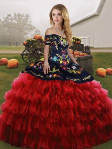 Inexpensive Floor Length Red And Black Quinceanera Gowns Off The Shoulder Sleeveless Lace Up