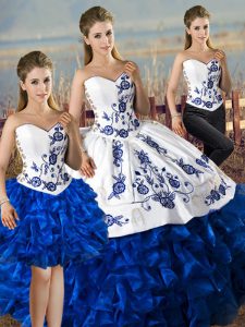 Dazzling Blue And White Satin and Organza Lace Up Sweetheart Sleeveless Floor Length Ball Gown Prom Dress Embroidery and Ruffles