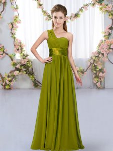 Olive Green One Shoulder Neckline Belt Dama Dress for Quinceanera Sleeveless Lace Up
