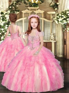 Straps Sleeveless Little Girl Pageant Gowns Floor Length Beading and Ruffles Baby Pink Tulle