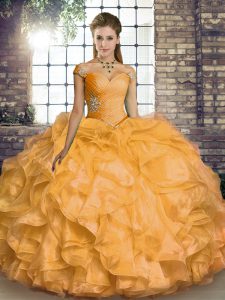 Glorious Gold Lace Up Quinceanera Dresses Beading and Ruffles Sleeveless Floor Length