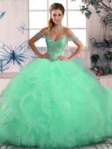 Beautiful Apple Green Ball Gowns Beading and Ruffles Quinceanera Gown Lace Up Tulle Sleeveless Floor Length