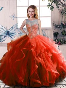 Custom Made Scoop Sleeveless Lace Up 15 Quinceanera Dress Rust Red Tulle