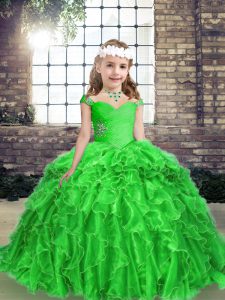 Cheap Green Straps Neckline Beading and Ruffles Pageant Dress Wholesale Sleeveless Lace Up
