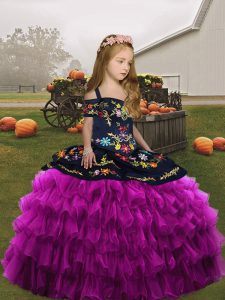 Fuchsia Lace Up Straps Embroidery and Ruffled Layers Girls Pageant Dresses Organza Sleeveless